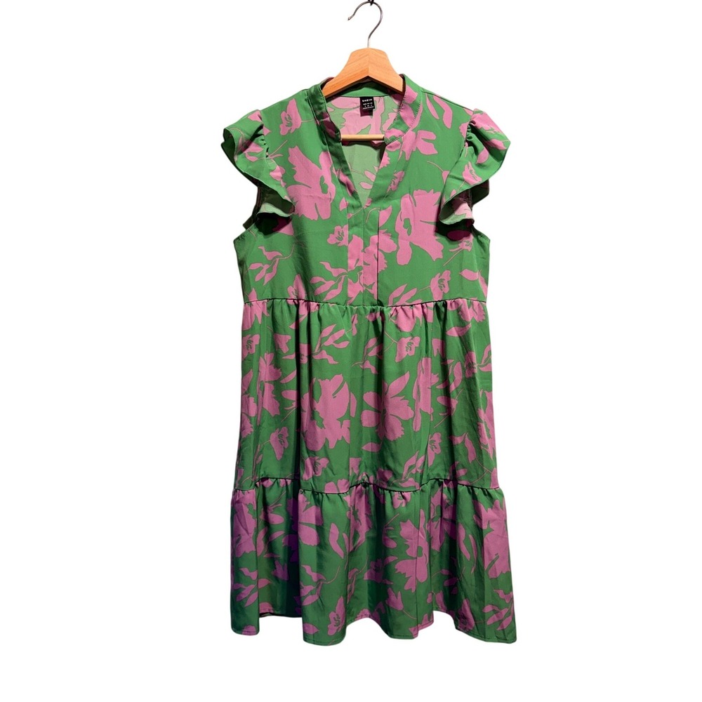 Womens Floral Tiered Mini Dress Size S V-Neck Flutter Sleeve Green Pink Tropical